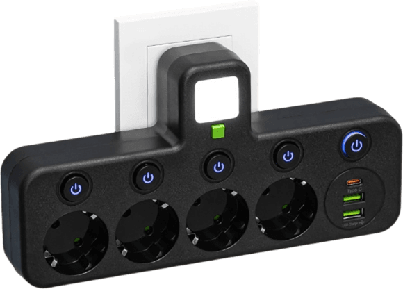 FusionPlug - Smart Energy Station – Black / 4 power outlets + 2 USB ports + 1 Type-C port / Power outlet (without desktop cable organizer)