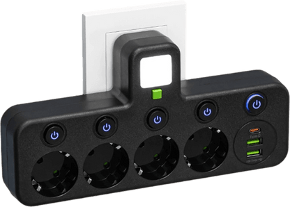 FusionPlug - Smart Energy Station – Black / 4 power outlets + 2 USB ports + 1 Type-C port / Power outlet (without desktop cable organizer)
