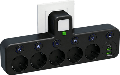 FusionPlug - Smart Energy Station – Black / 5 power outlets + 2 USB ports + 1 Type-C port / Power outlet (without desktop cable organizer)