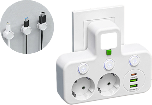 FusionPlug - Smart Energy Station – White / 2 power outlets + 2 USB ports + 1 Type-C port / Power outlet + desktop cable organizer
