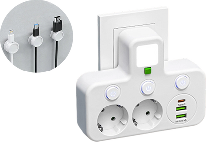 FusionPlug - Smart Energy Station – White / 2 power outlets + 2 USB ports + 1 Type-C port / Power outlet + desktop cable organizer
