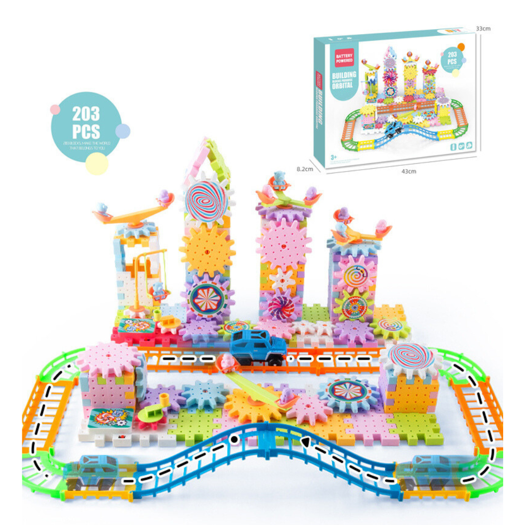 BrainBoost Builders – Montessori Gear Blocks – 203pcs Building Blocks + 2 Electric Mainboards and Track Cars