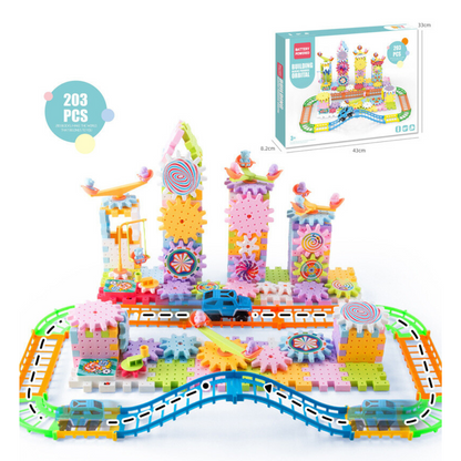 BrainBoost Builders – Montessori Gear Blocks – 203pcs Building Blocks + 2 Electric Mainboards and Track Cars