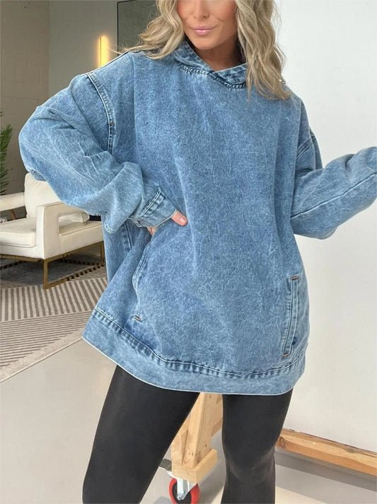 UrbanDenim – Casual Hooded Pullover – Blue / S（US 6-8）