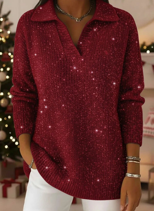 SparkleMuse – Loose Shiny Party Sweater Top – Red / S