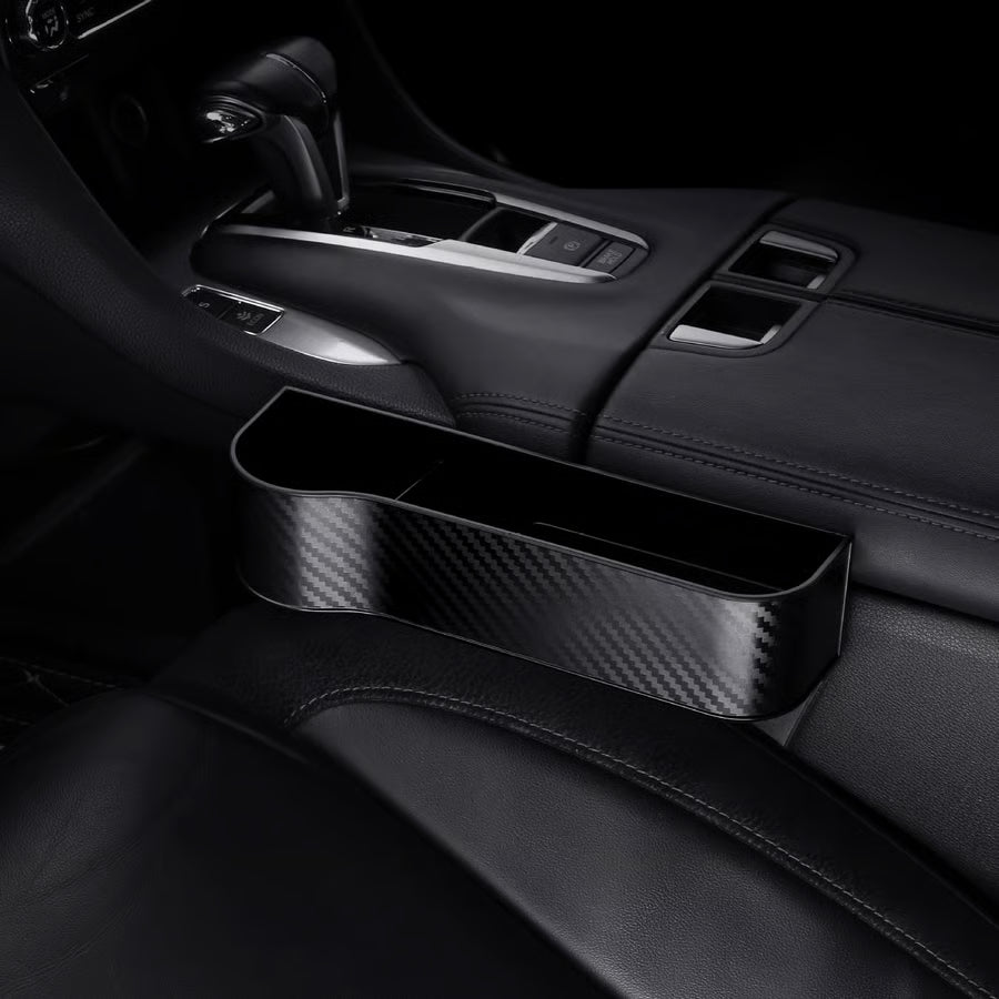 DriveMate – Multi Pocket Leather Car Seat Storage Organizer – Black / Left Seat / Carbon Fiber