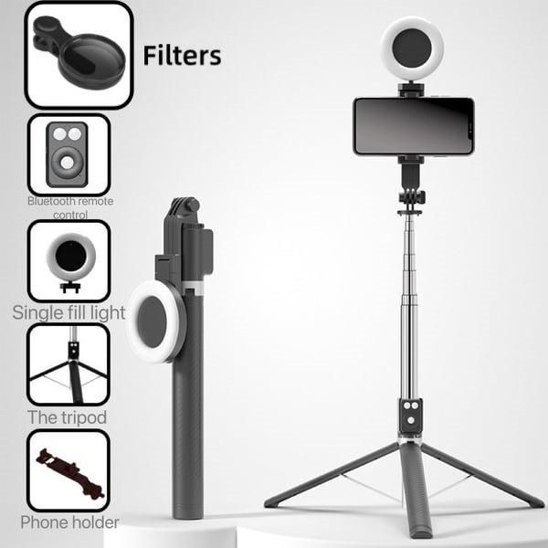 BrightCapture – Selfie Stick & Tripod Combo – Black / Single Fill Light+Filter