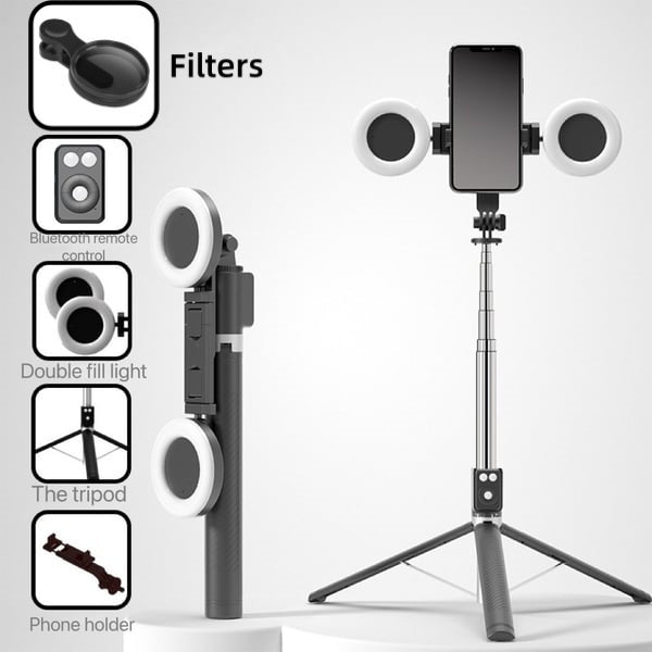 BrightCapture – Selfie Stick & Tripod Combo – Black / Double Fill Lights+Filter