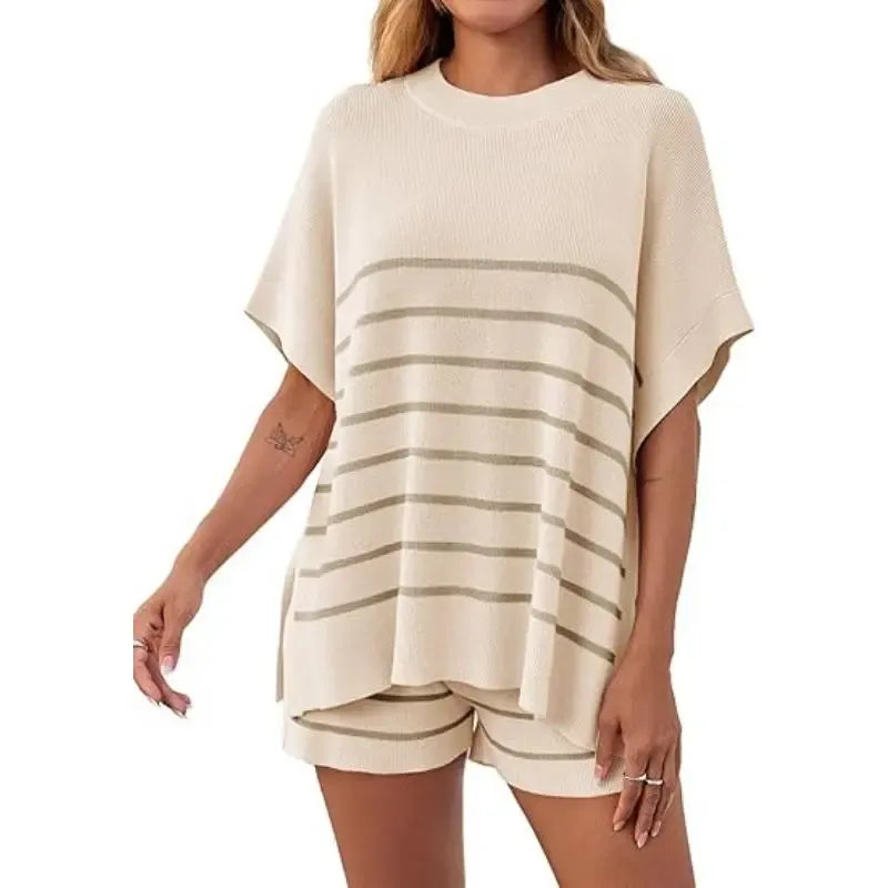 BellaVive – Chic Striped Loungewear Outfit Set – light beige / XS