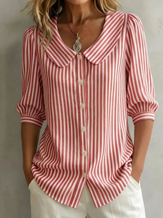 AuraClassic – Women’s Retro Peter Pan Collar Striped Shirt – Red / XS