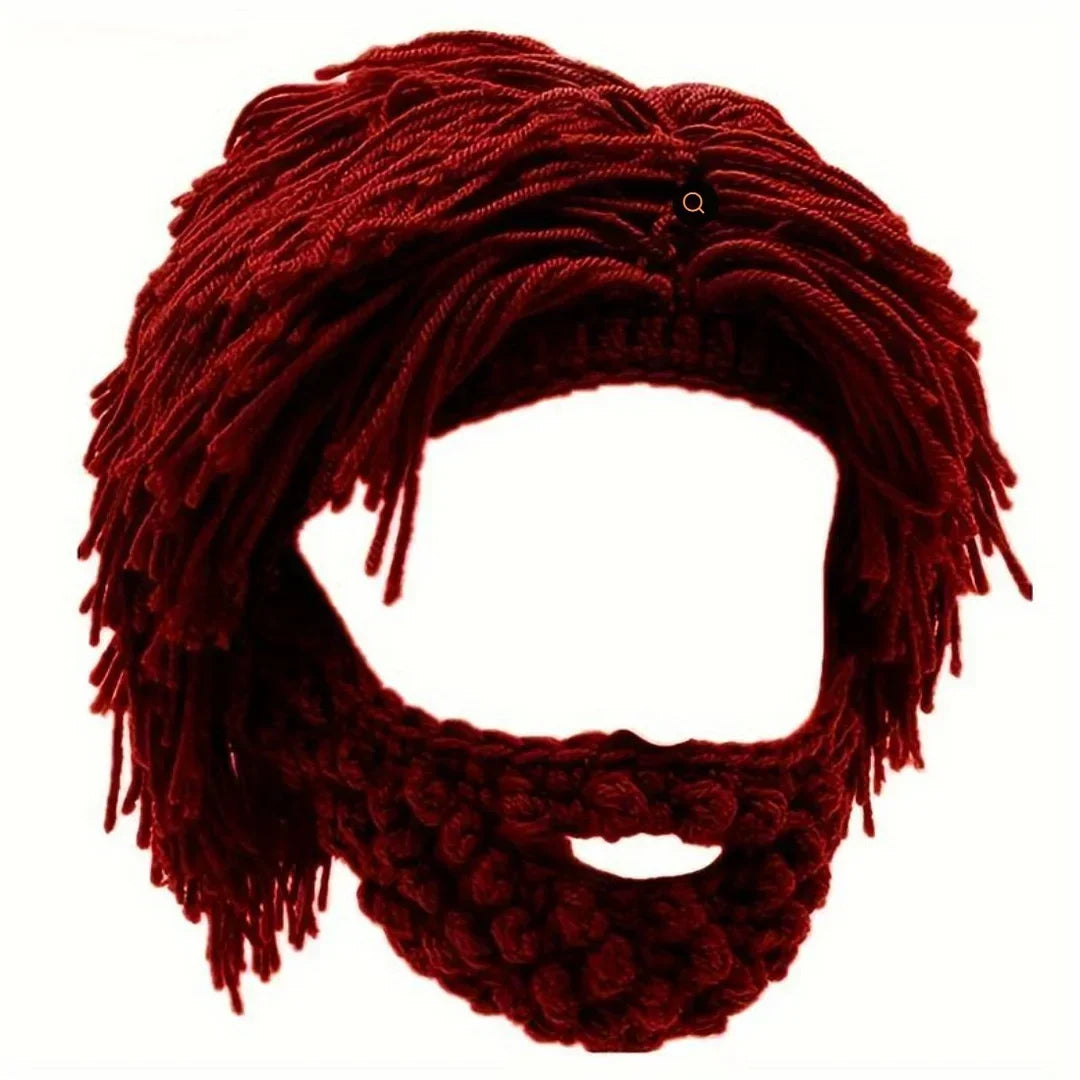 Acrylic Punk Style Beanie with Attached Straight Hair Wig and Knitted Beard – Red