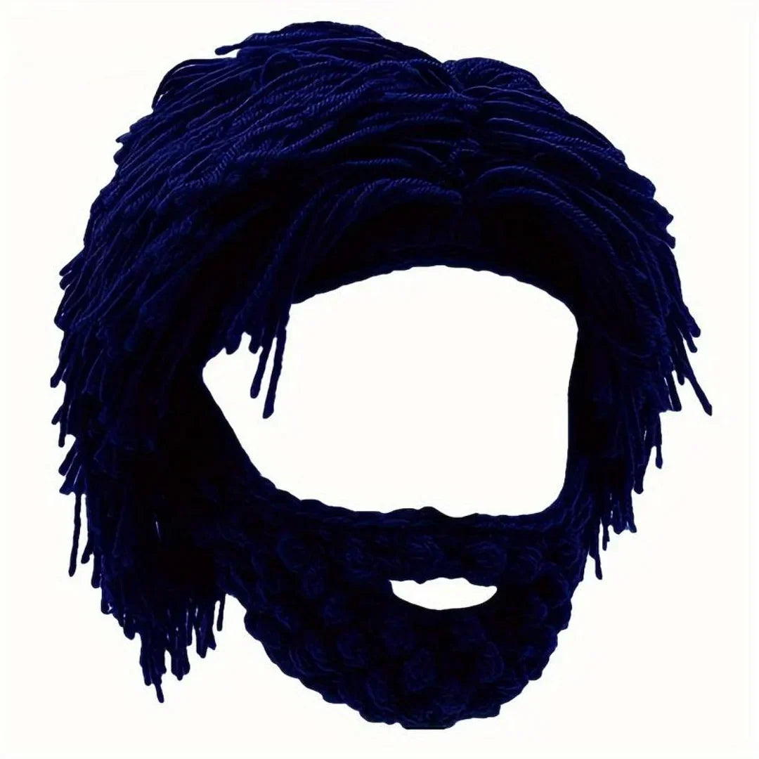 Acrylic Punk Style Beanie with Attached Straight Hair Wig and Knitted Beard – Blue