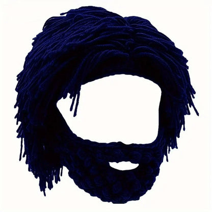 Acrylic Punk Style Beanie with Attached Straight Hair Wig and Knitted Beard – Blue