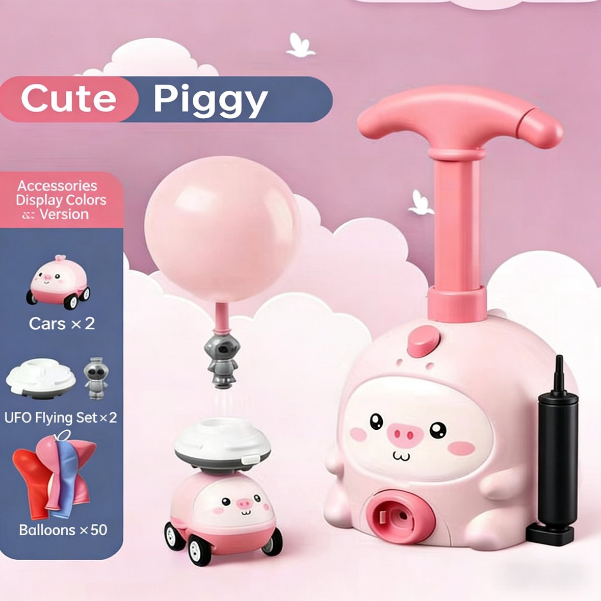 BalloonBoom – Fun Outdoor Launcher Toy Set – 2 Pink Pigs Cars+2 UFO Flying Sets+50 Balloons