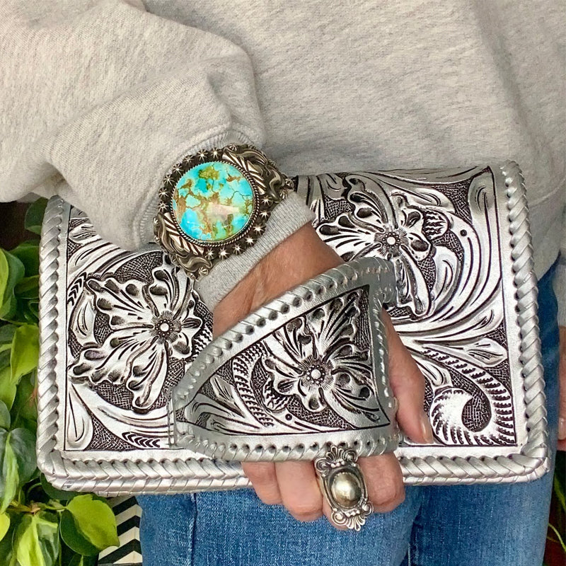 LuxeBlossom – Silver Flower Dance Western Style Clutch – image 2