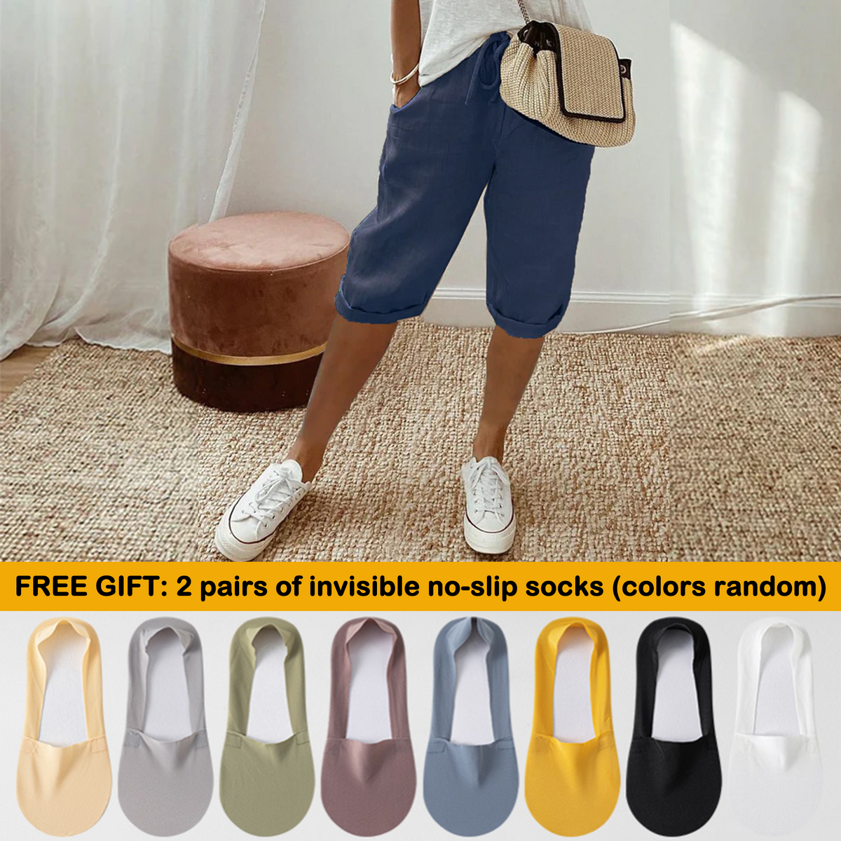 Florel – Breathable Drawstring Capris – Dark blue / M / 2 Pairs of summer invisible no-slip socks (colors random)