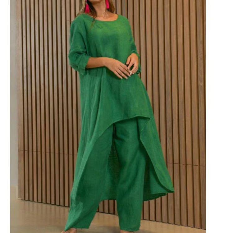 LunaFit – Women's Solid Color Linen Casual Suit – Green / S