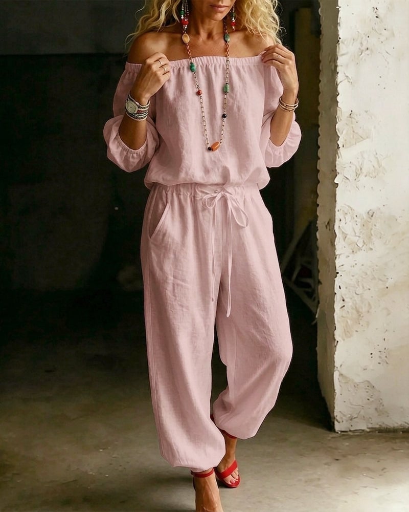 LuxeSilhouette – Off-Shoulder Tie Waist Jumpsuit – Pink / S