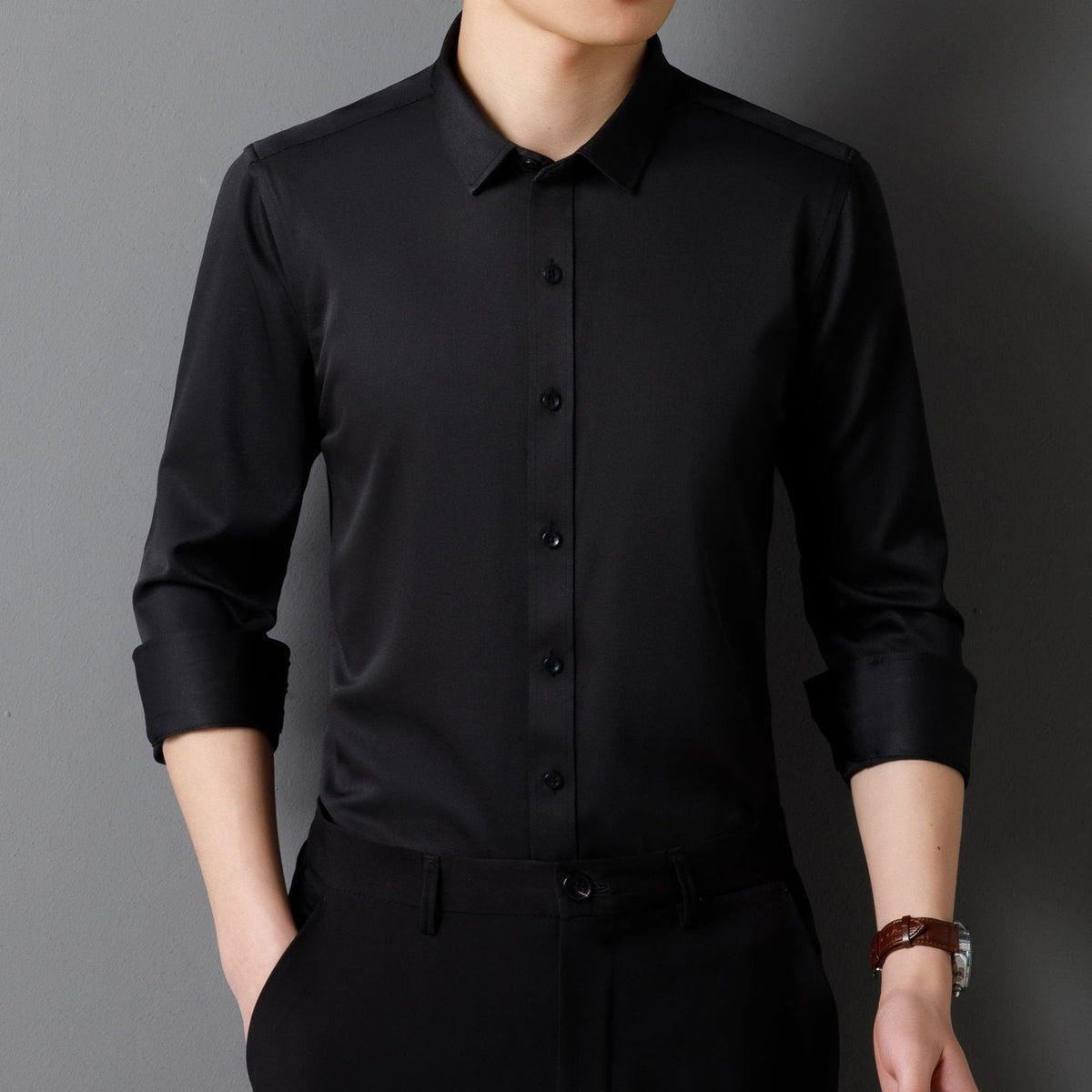 SmoothWear | Stretch Anti-Wrinkle Non-Iron Shirt – Black / M / Long sleeves