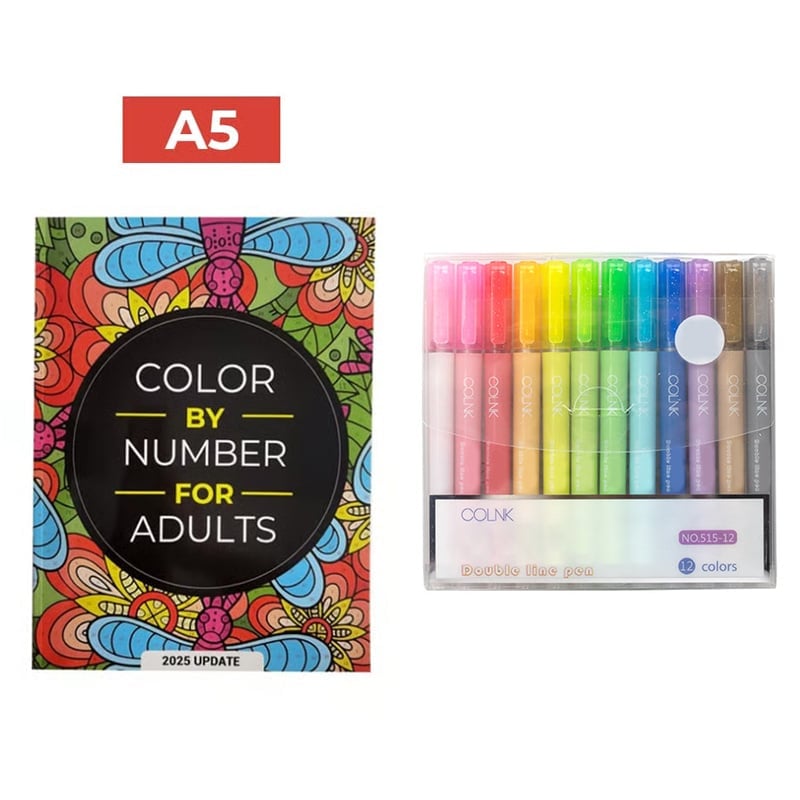 QuietCanvas – Therapeutic Coloring Book for Adults – A5 + Outline Shimmer Markers (12 colors)