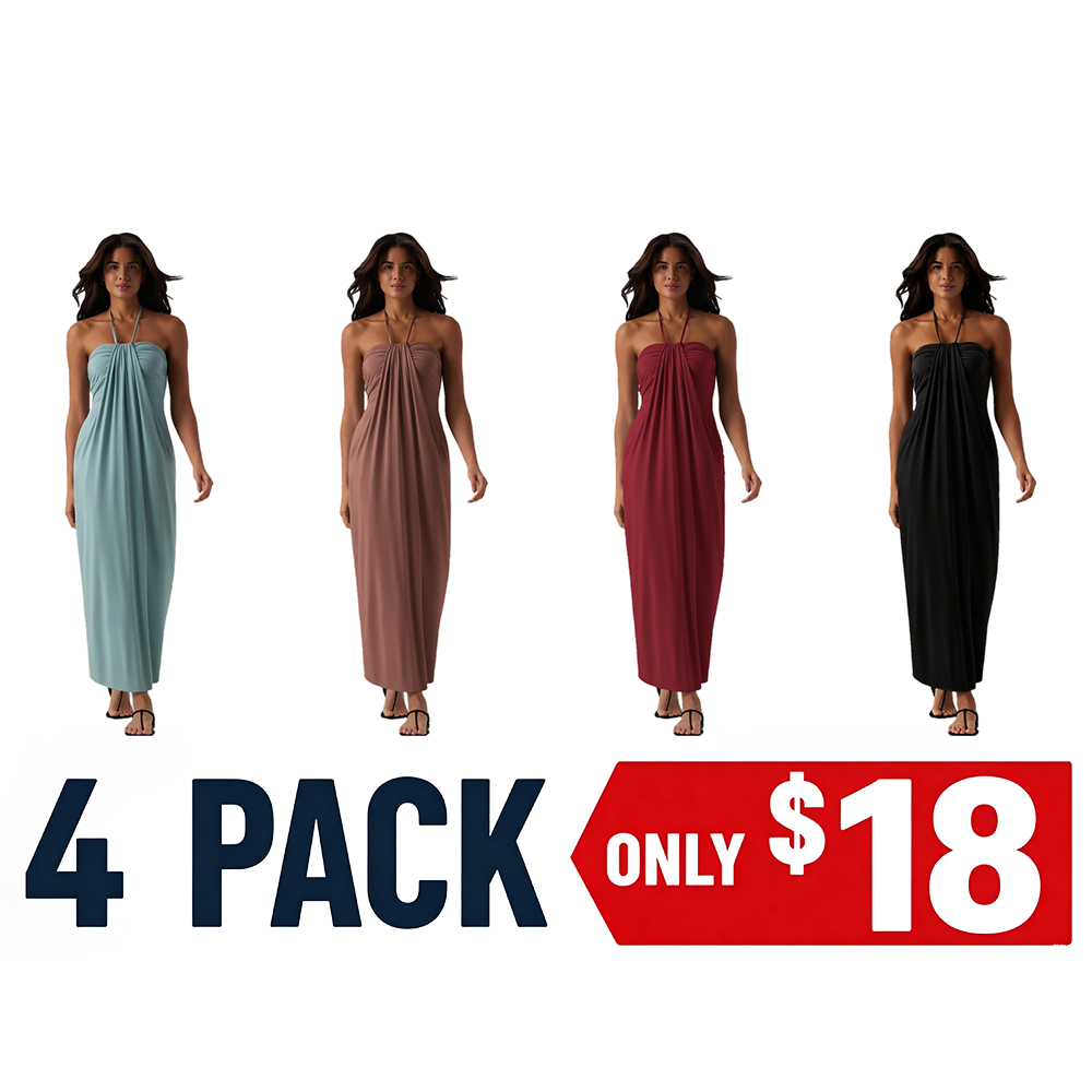 HalterTie – Elegant Back Maxi Dress with Pockets – 4-PACK B / XS
