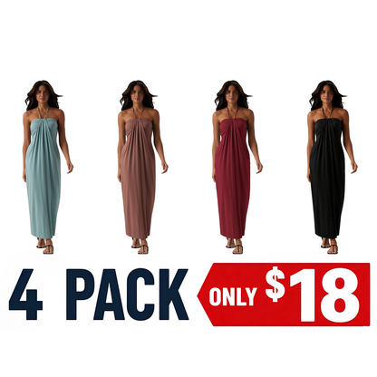 HalterTie – Elegant Back Maxi Dress with Pockets – 4-PACK B / XS