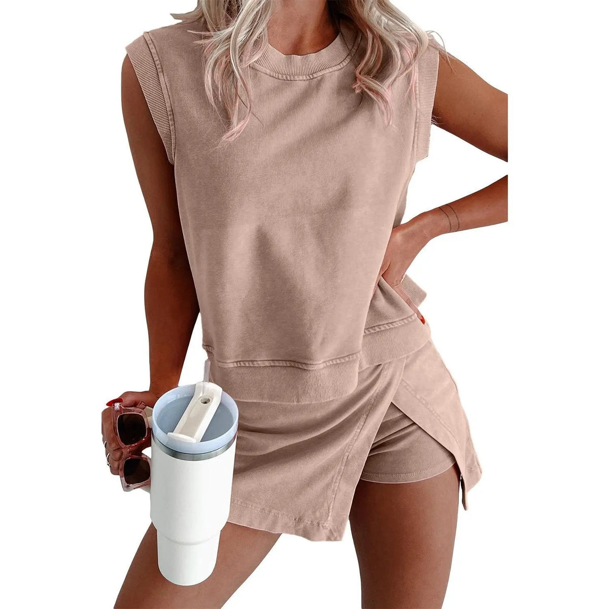 ChicEase – Women’s Summer 2-Piece Skort Set – Khaki / S