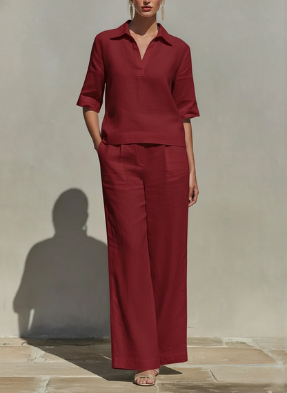 LinenLuxe – Women’s Solid Cotton Linen Two-Piece Set – Red / XS