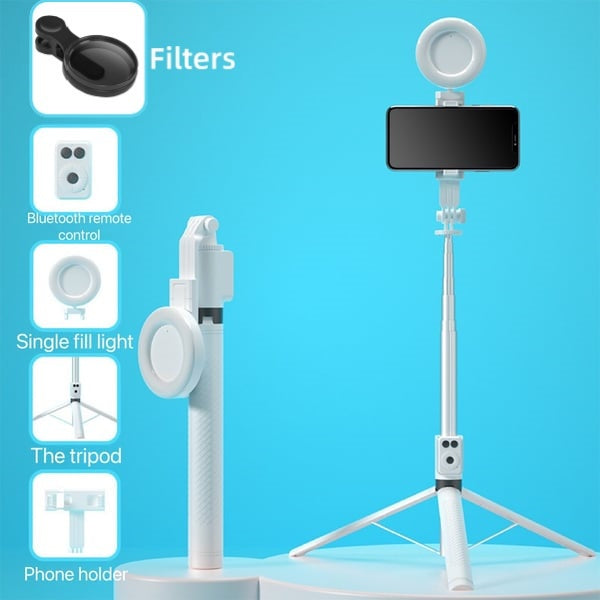 BrightCapture – Selfie Stick & Tripod Combo – White / Single Fill Light+Filter