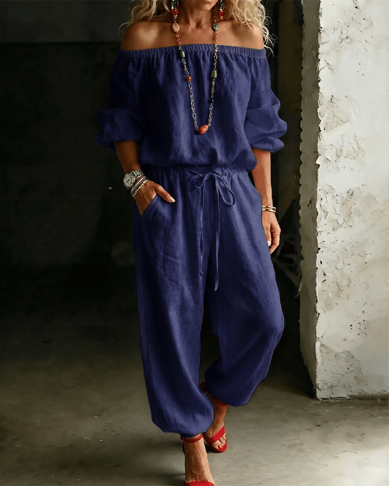 LuxeSilhouette – Off-Shoulder Tie Waist Jumpsuit – Blue / S