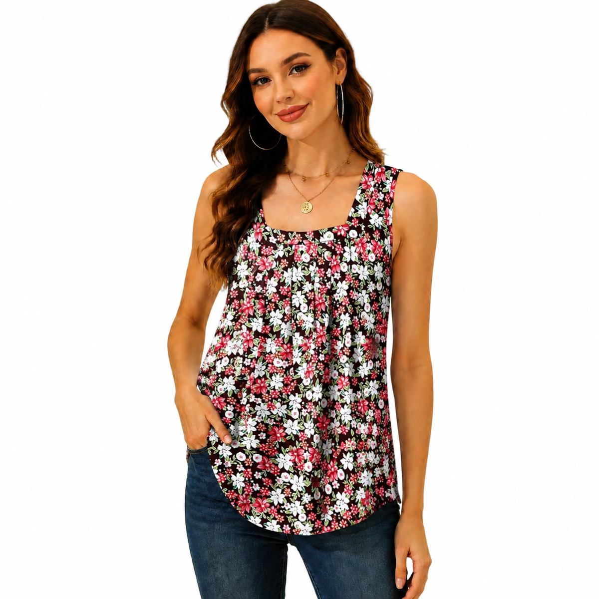 LunaFit – Lightweight Sleeveless Summer Tank Top – Floral Daisies / Large / US 14-16