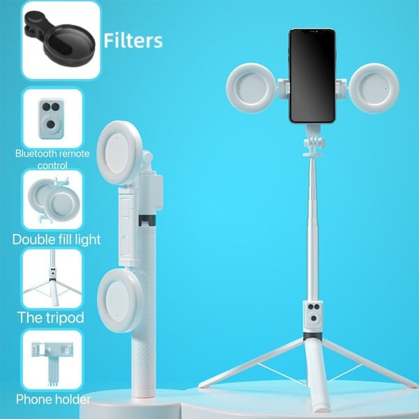 BrightCapture – Selfie Stick & Tripod Combo – White / Double Fill Lights+Filter