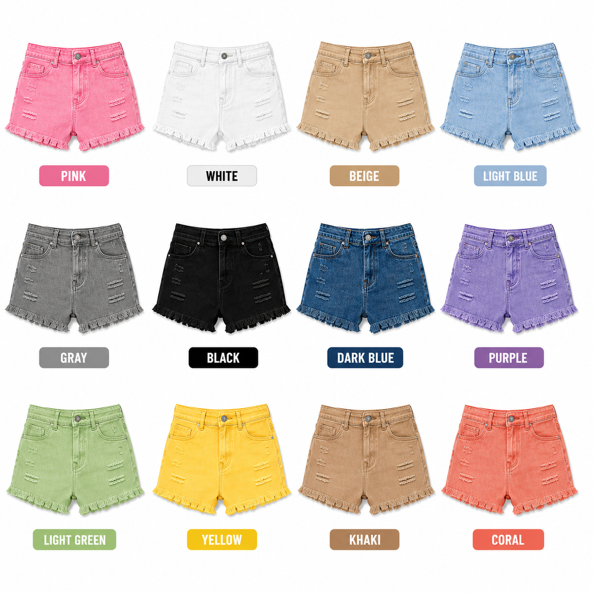 UrbanEase – Women’s Casual Denim Shorts – 8-PACK (Pink + White + Beige + Light Blue + Gray + Black + Dark Blue + Purple) / XS