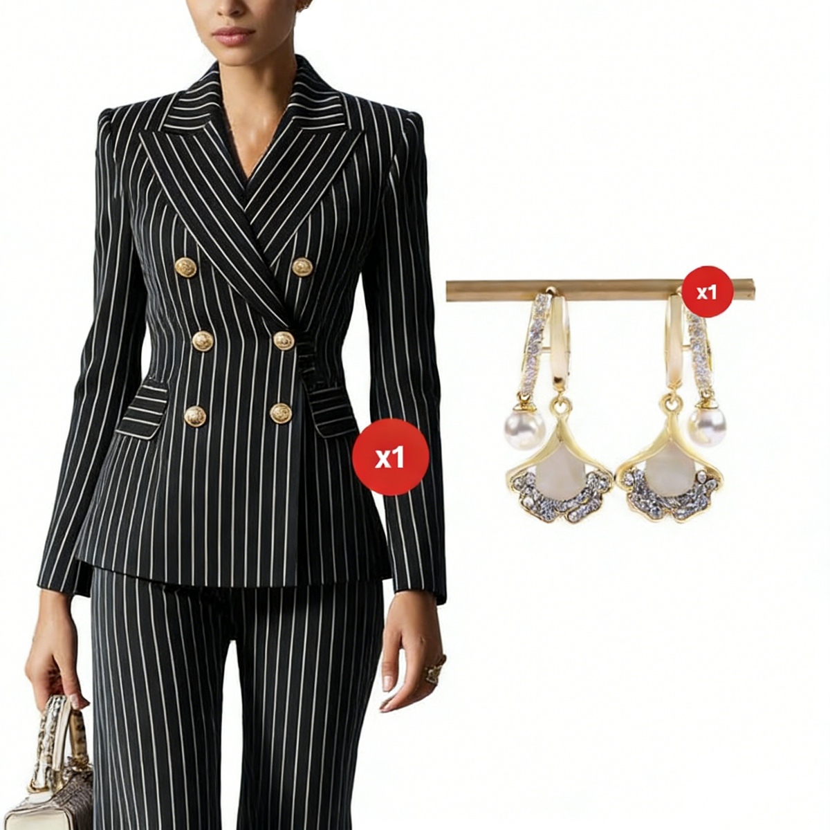 FemmeLine – Women’s Tailored Pinstripe Suit – Black / S / Suit + earrings