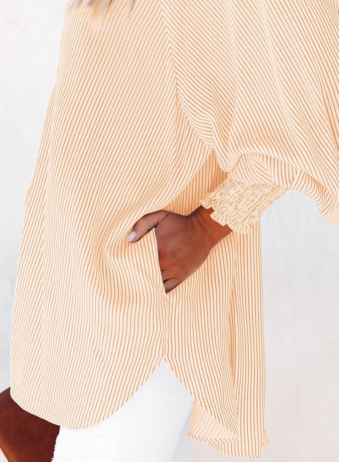 2026 ItemWomen's pleated cuffs striped shirt with pockets and casual collar – image 36