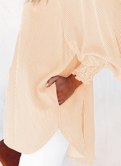 2026 ItemWomen's pleated cuffs striped shirt with pockets and casual collar – image 36