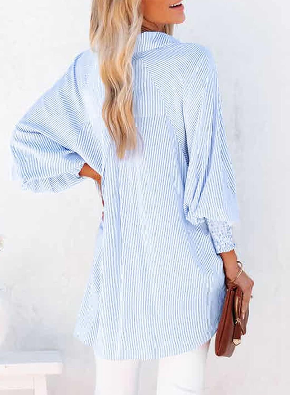 2026 ItemWomen's pleated cuffs striped shirt with pockets and casual collar – image 8