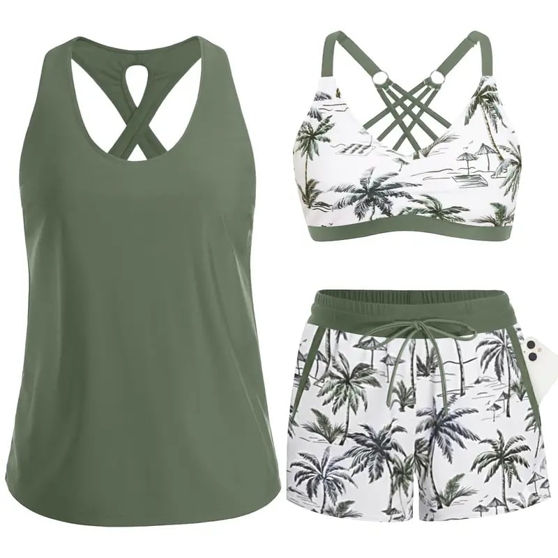 AquaGrace – Comfortable Modest Beach Swim Set – Green Palm Tree / S