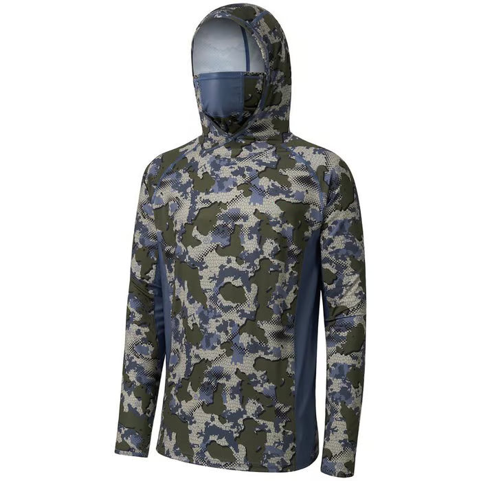 SunGuardPro - UPF 50+ Camo Hunting & Fishing Hoodie with Mask – Green Vegetation Camo with Light Fawn Mesh / S