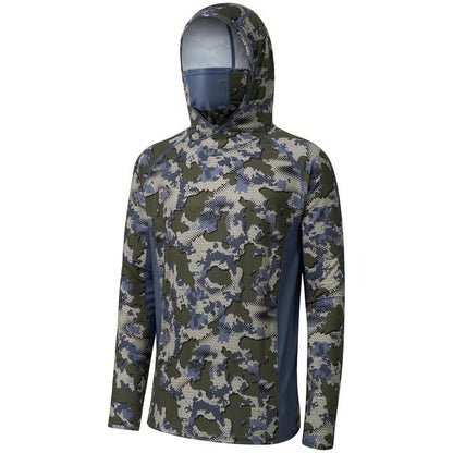 SunGuardPro - UPF 50+ Camo Hunting & Fishing Hoodie with Mask – Green Vegetation Camo with Light Fawn Mesh / S