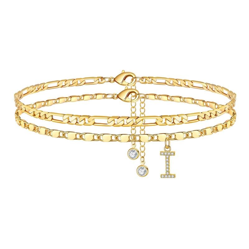 ShineScript – Layered Anklet Bracelets with Letters – Gold / I
