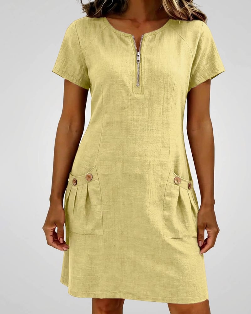 UrbanBreeze Zip – Everyday Cotton-Line Dress – Yellow / US4 (S)