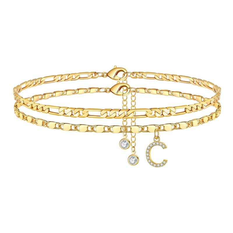 ShineScript – Layered Anklet Bracelets with Letters – Gold / C