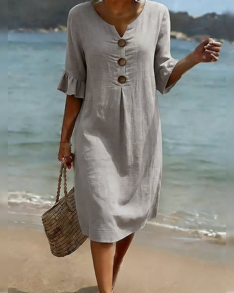 CottonCharm – Button Ruffle Sleeve Dress – Gray / US12(XL)