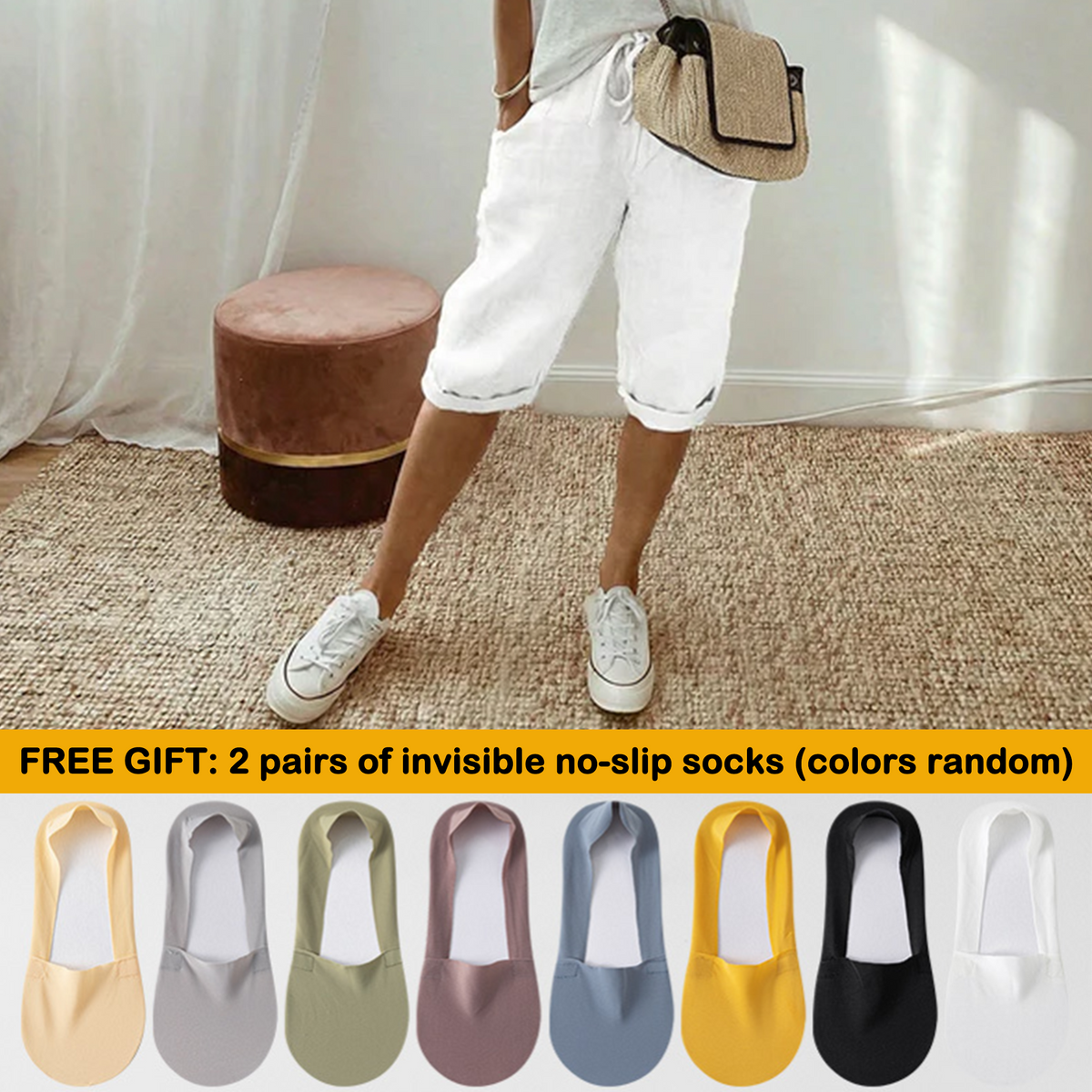 Florel – Breathable Drawstring Capris – White / M / 2 Pairs of summer invisible no-slip socks (colors random)