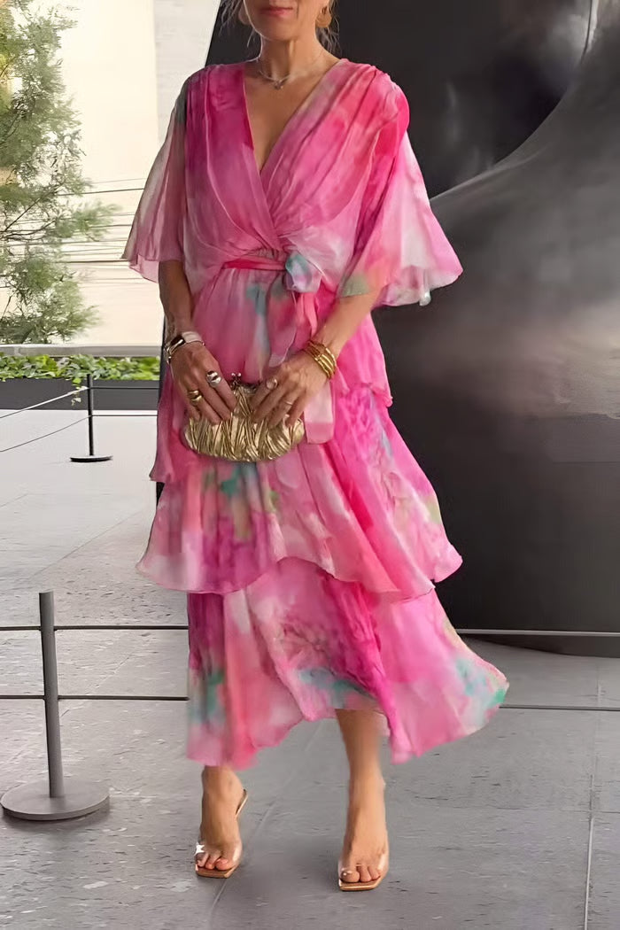 AuraFlow – Watercolor Chiffon Maxi Dress – Pink / S(8)