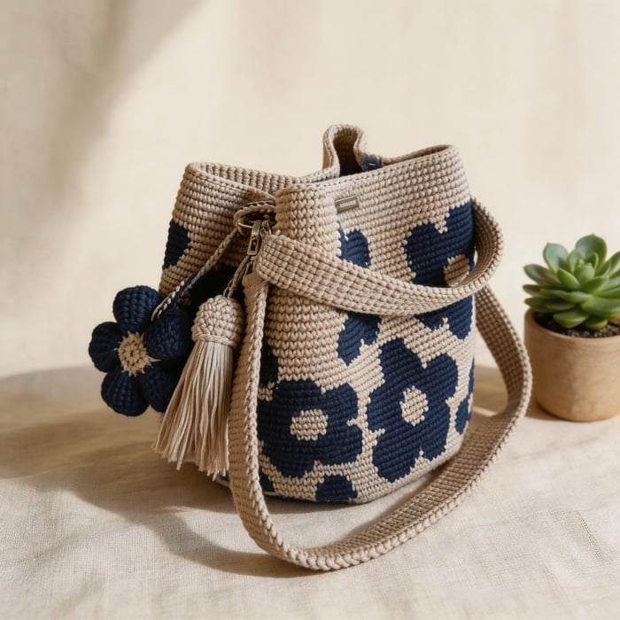 BloomStitch - Handmade Crochet Flower Tote Bag – Classic Navy