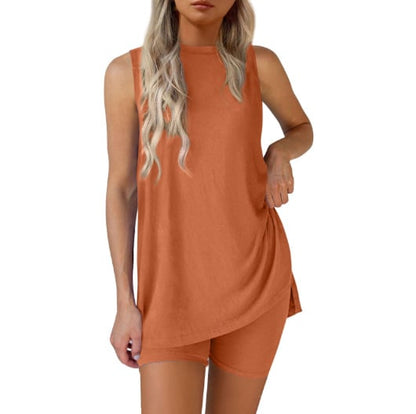 RelaxFit – Casual Split Hem Lounge Shorts Set – Orange-red / S