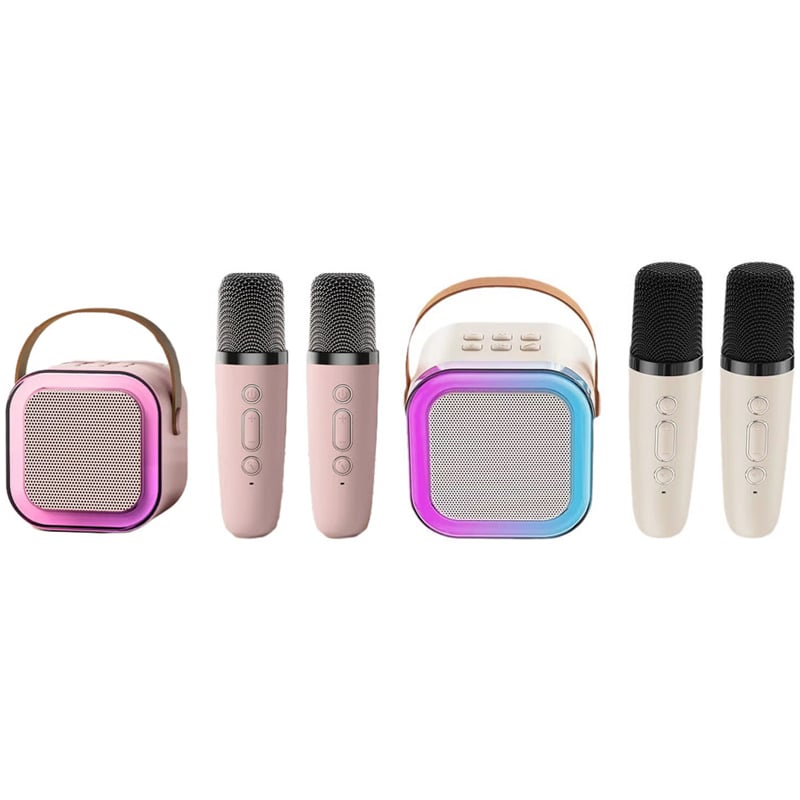 BeatVox – Mini Karaoke Speaker with Mics – White + Pink