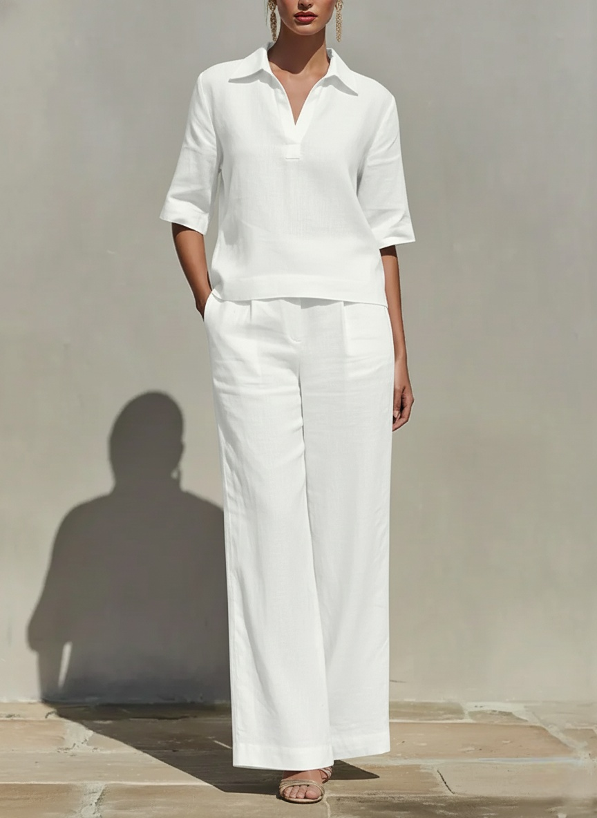LinenLuxe – Women’s Solid Cotton Linen Two-Piece Set – White / XS